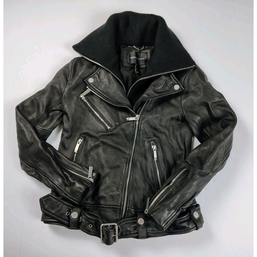 BCBGMAXAZRIA Women's Black Lamb Leather Biker Jacket Zip Belted Pockets XXS